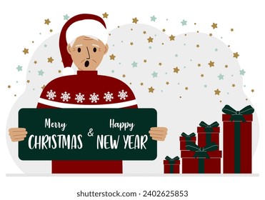A man in a red cap holds a Merry Christmas and Happy New Year greeting card.