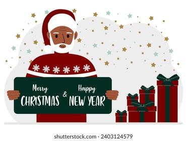 Un hombre con gorra roja sostiene una tarjeta de felicitación de Feliz Navidad y Año Nuevo Feliz.