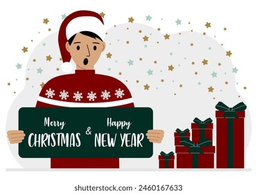 Ein Mann mit roter Mütze hält eine Frohe Weihnachtsmusiken und eine Glückliche Neue Jahr Grußkarte. Vektorgrafik flache Abbildung