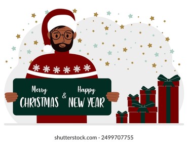 Un hombre con una gorra roja sostiene una tarjeta de felicitación de Feliz Navidades y Feliz Año Nuevo. Ilustración plana de Vector