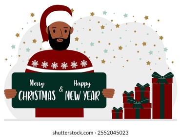 A man in a red cap holds a Merry Christmas and Happy New Year greeting card. Vector flat illustration