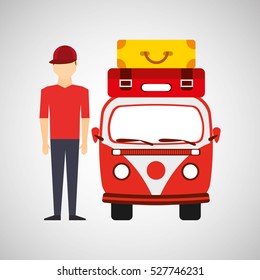 man red cap vintage van camper suitcases vector illustration eps 10