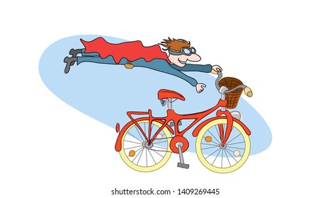 man in a red cape flies forward holding onto q bike. rapid progress in his career