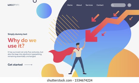 Man in red cape holding arrow. Crisis, pressure, problem solving. Crisis management concept. Vector illustration can be used for topics like business, work, time management