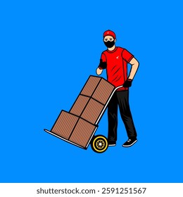 a man in red carrying three boxes on a trolley vector illustration