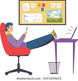 Man in red chair using smartphone, relaxed male with legs on desk. Modern office work, employee break time, casual business setting vector illustration.