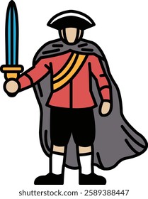 A man in a red coat and black pants holding a sword. He is wearing a cape and has a sword in his hand