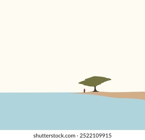 Hombre de abrigo rojo de pie bajo el árbol mirando el lago tranquilo. Relajación en la naturaleza. Diseño de arte minimalista.