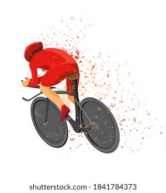 Man in red cycling clothes riding a bike with splash effect motion. Vector illustration.