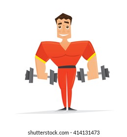 Man in red with dumbbells isolated on white background. Vector illustration. Sportsman with smile. Boy hold dumbbells in hands.