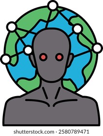 A man with red eyes is staring at a globe. The globe is surrounded by a web of lines, and the man's face is surrounded by a circle. Concept of mystery and curiosity