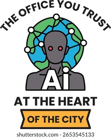 A man with a red face and a green head is standing in front of a globe. The globe is surrounded by a network of lines. The image is titled "The Office You Trust at the Heart of the City"