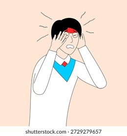 Un hombre con la cara roja y dolor de cabeza. Lleva una camisa blanca y corbata azul