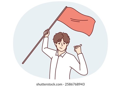 Man with red flag in hand makes victory gesture showing leadership qualities and motivating people. Success guy waving flag during protest showing passionate qualities and wanting to resist injustice