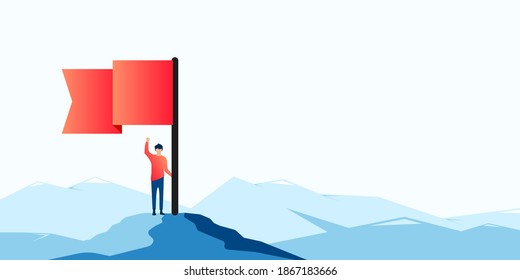 Man with red flag on mountain peak. Businessman and financial success, goal achievement vector concept