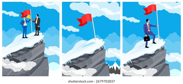 Man with red flag on mountain peak. Businessman on top of success mountain. Achievement and business challenge concept. For corporate presentation.