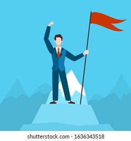 Man with red flag on peak. Businessman on top mountain. Financial success, triumph career growth successful manager, goal celebrating achievement vector concept