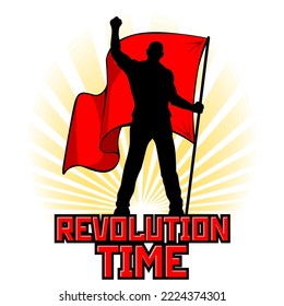 Man with red flag on sunrise backdrop. Silhouette of protesting rebel  holding banner of revolution. Vector propaganda poster on transparent background