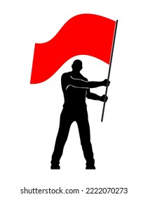 Man with red flag. Silhouette of protesting rebel  holding banner. Vector on transparent background