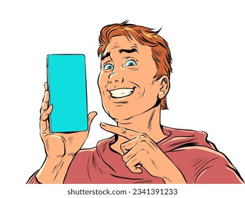 A man with red hair smiles and points to the phone. Product demonstration or offer on smartphone. The joy of a perfect purchase. Pop Art Retro Vector Illustration Kitsch Vintage 50s 60s Style On a