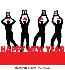 man with red hat holding a board with 2012 year illustration