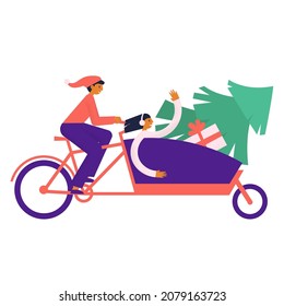 Man in red hat riding cargo bicycle with woman spruce and Christmas gifts. Young happy couple riding bakfiets with presents and Christmas tree. Flat vector illustration