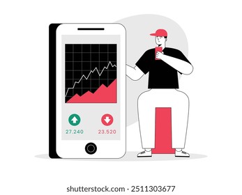 El hombre del sombrero rojo está sentado al lado del teléfono, buscando comprar acciones para obtener ganancias. Carácter de diseño. Ilustración plana de Vector