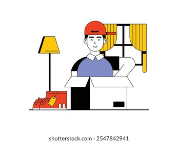 Man in red hat unboxing at home, buying sneakers at an online store. Character design. Vector flat illustration