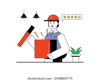 Man in red hat unboxing a shopping package, buying online. Character design. Vector flat illustration