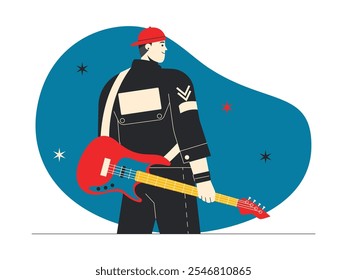 Homem de chapéu vermelho vestindo jaqueta preta e carregando guitarra em cor amarela, jovem, energética e espirituosa, estilo de visão de trás, rock n' roll ilustração vetor.