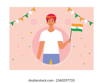 Man in red hat and white shirt holding indian flag, decoration celebrating indian independence day. Character design. Vector flat illustration