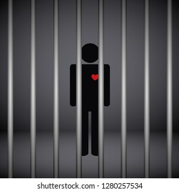 man with red heart in jail on dark background vector illustration EPS10