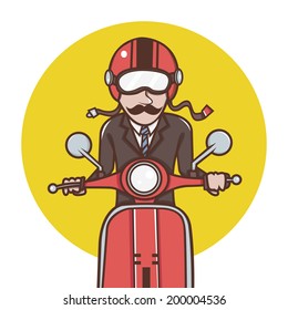 Man with red helmet riding a red scooter