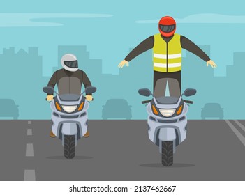 Man in a red helmet standing on a motorcycle while riding. Dangerous moto stunt riding on a city road. Flat vector illustration template.