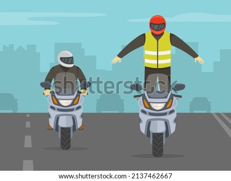 Man in a red helmet standing on a motorcycle while riding. Dangerous moto stunt riding on a city road. Flat vector illustration template.