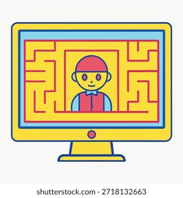 Mann in roten Helm und Weste in einem Computer-Bildschirm Labyrinth Spiel bunte Illustration