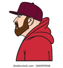 man with red hoodie in profile from the side. red baseball cap and brown beard. avatar, comic, illustration.