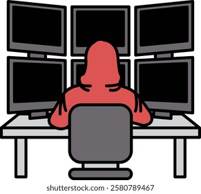 A man in a red hoodie sits in front of a computer monitor with a keyboard and mouse