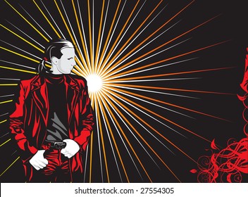 The man in a red jacket on an abstract background