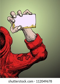 man with red jumper holding name card hand draw style