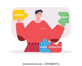 Hombre en camisa larga roja que arregla el rompecabezas, producto de planificación de marketing, Precio, lugar y promoción. Diseño de carácter. Ilustración plana de Vector