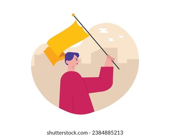 Un hombre con una camisa roja lleva una bandera durante una protesta callejera, una manifestación por la justicia del país. Diseño de caracteres. Ilustración plana del vector