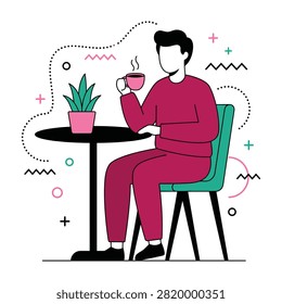 A man in a red outfit sits at a table with a green chair, holding a cup of coffee and a potted plant beside him, conveying a relaxed atmosphere.