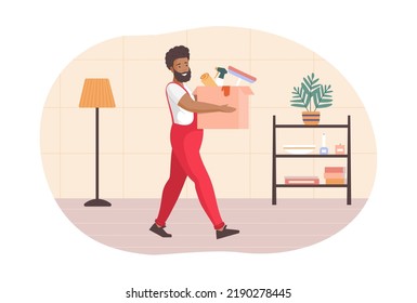 Man In Red Overalls Carrying Box With Cleaning Supplies. African American Man Professional Cleaner Character With Janitorial Equipment. Housekeeping Company Staff, Cleaning Service Flat Vector