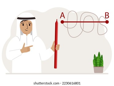 A man with a red pencil in his hand. A line is drawn from point A to point B, a straight and difficult path, the shortest distance to the goal, an easy or short path to success in business and life. V