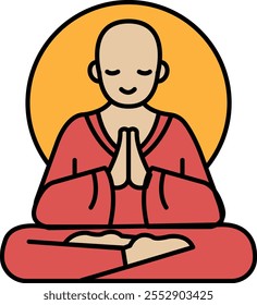 A man in a red robe is sitting cross legged and making a peace sign. He is smiling and he is in a peaceful and meditative state