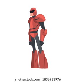 Man in Red Robot Costume, Carnival Party or Masquerade Concept, Video Game Design Element Cartoon Style Vector Illustration