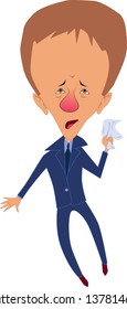Man with red running nose and huge swollen head holding a tissue, vector cartoon