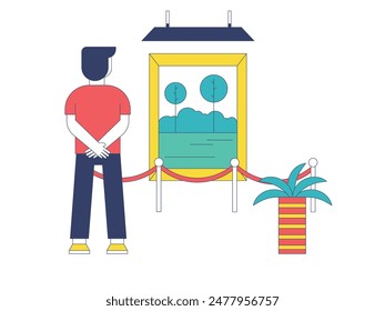 A man in a red shirt is alone looking at a natural painting of a landscape in a museum. Character design. Vector flat illustration