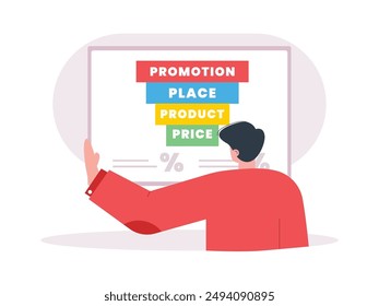 A man in a red shirt is analyzing data on a whiteboard, planning marketing correctly and carefully. Character design. vector flat illustration